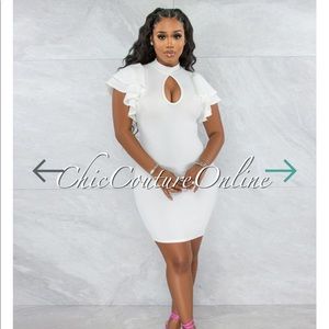 NWT Off-White Bust Key-Hole Ruffle Sleeves Dress